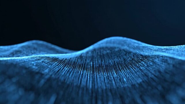 Abstract blue digital particle wave landscape on black background