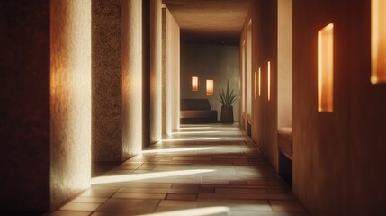 Naklejka premium Long corridor interior featuring pillars and stone flooring, illuminated by natural sunlight and warm artificial lighting, creating a relaxing and luxurious atmosphere in a contemporary building