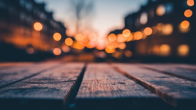 deck. Wooden deck planks at dusk, bathed in a warm ambient glow with a softly focused foreground. lifestyle magazines.

