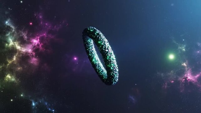 Abstract space-themed crystal objects forming and deforming in a nebula galaxy setting, CGI animation.