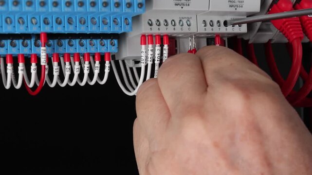 Connecting electrical wires with metal tips with a screwdriver in an electrical switchboard. Close-up.