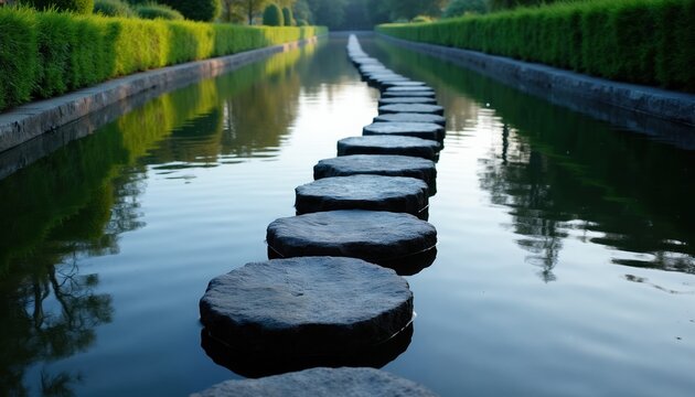Stone walkway crosses calm water with neat green hedges lining canal. Reflections appear on smooth surface. Serene garden path in evening light. Peaceful nature scene.
