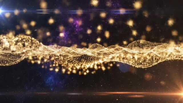 Abstract golden glowing particles form a shimmering landscape with lens flares and stars in space