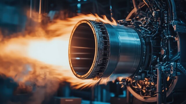 Jet engine accelerating, emitting a powerful stream of bright orange and yellow flames, showing the intense combustion process and advanced aerospace engineering in action