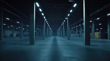 Naklejka premium Spacious industrial warehouse featuring concrete pillars, glowing ceiling lights, and limited stored goods, conveying themes of storage, logistics, and supply chain infrastructure