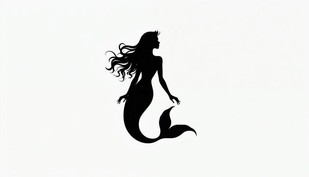 Black mermaid silhouette graphic on white background. Female mythical sea creature with flowing hair, fishtail is poised. Clean visual art image for fantasy themes, kids stories, maritime designs.