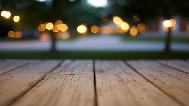 deck. Wooden deck planks at dusk, bathed in a warm ambient glow with a softly focused foreground. lifestyle magazines.
