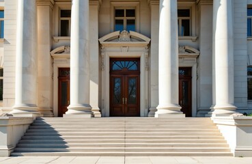 Obraz premium Grand neoclassical building entrance with large white columns, ornate wooden doors. Wide stone staircase leads up to entryway. Formal architecture suggests government legal institution. Daylight