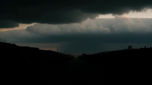 Tracking shot of deserted dirt road leading toward approaching storm with concrete coastal bunkers and cloudy sky