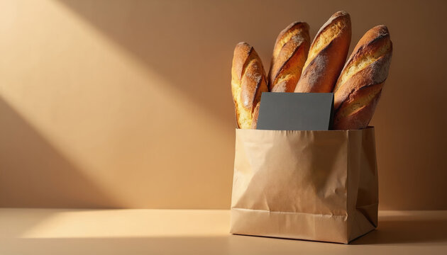 Freshly baked artisan baguettes in a paper grocery bag with a blank label for branding. Crusty bread ready for take away or delivery. Warm, natural food from a bakery.