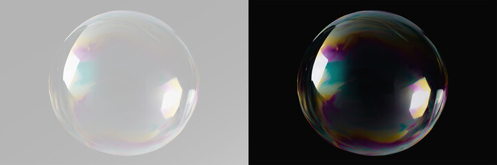 Realistic transparent soap bubble on grey and black background, iridescent sphere with rainbow...