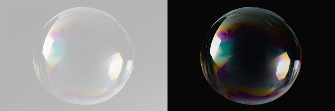 Realistic transparent soap bubble on grey and black background, iridescent sphere with rainbow reflections
