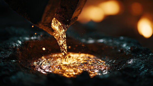 Molten metal pouring from a crucible into a receiving basin, creating a bright stream of glowing liquid and shimmering surface in a dark industrial environment