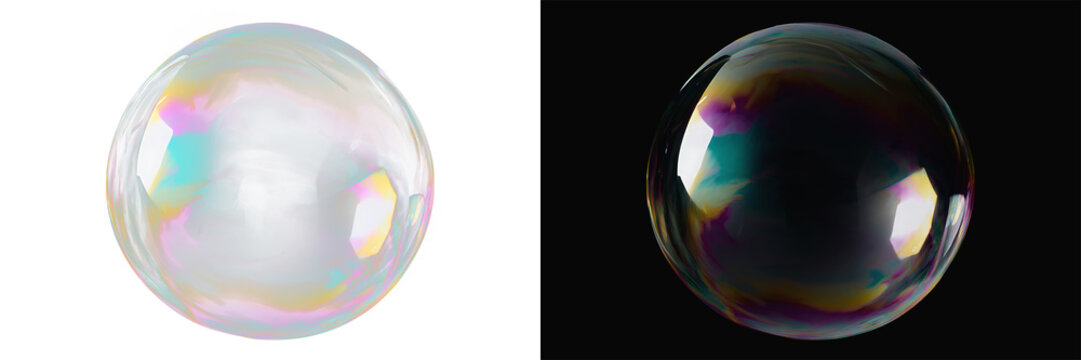 Realistic transparent soap bubble on white and black background, iridescent sphere with rainbow reflections