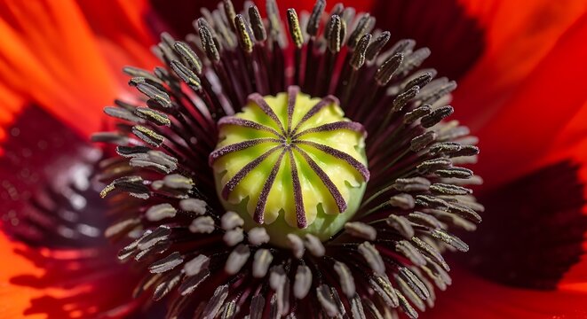 Macro shot of a vibrant red poppy flower center