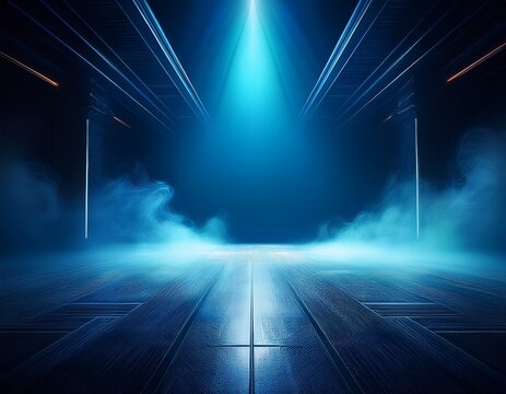 dark blue room background with smoke and floor dark empty scene blue neon searchlight light smoke night view rays