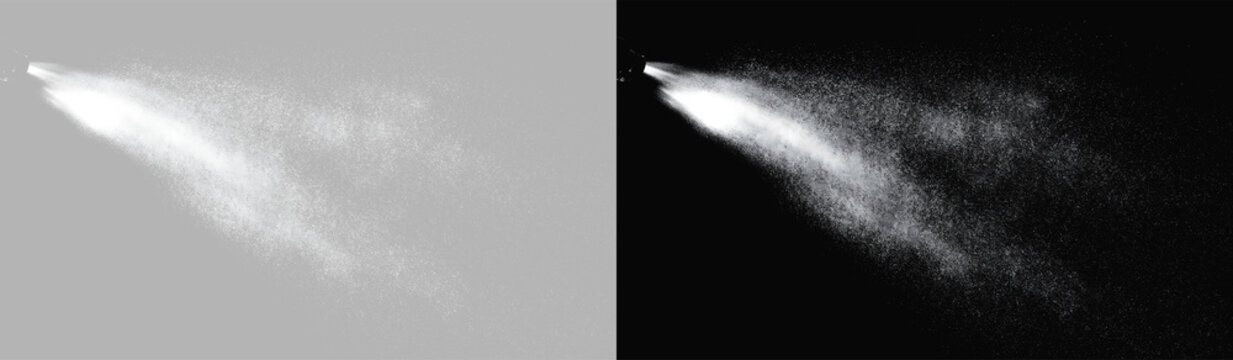 Magic sparkling water spray set, realistic floating dust particles and liquid splash on black and grey backgrounds