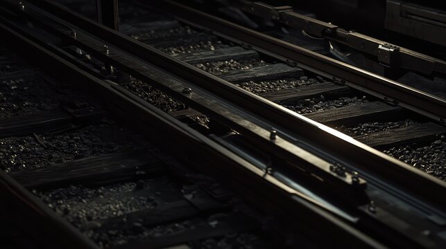 Dark industrial railway track with shining rails