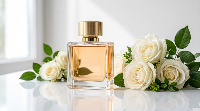 An elegant perfume bottle with a golden top stands beside a bouquet of white roses on a clean white table.