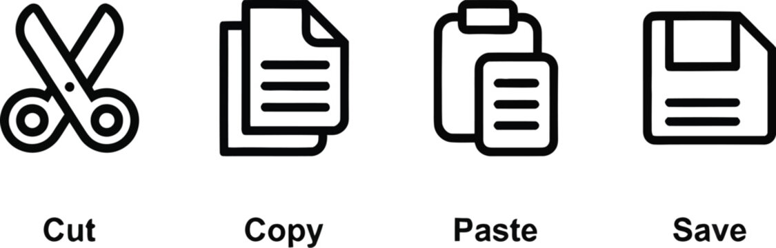 Set of Simple Flat Copy Paste Icon Illustration Design, Copy Paste Symbol Collection with Outlined Style Template Vector. Copy, Cut, Paste, Save, Icons Office Action Icon Set. Linear outline icons.   