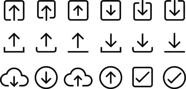 Download and upload icon buttons set. Download and upload icon. Files download and upload icons symbol in line and flat style on white background. Vector illustration. download upload button icon set.