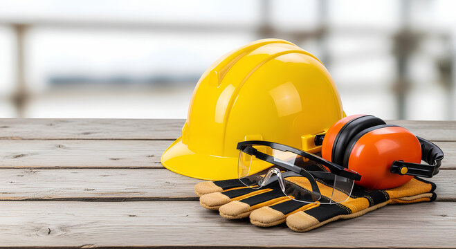 Construction safety equipment with yellow hard hat gloves glasses and earmuffs on wooden table
