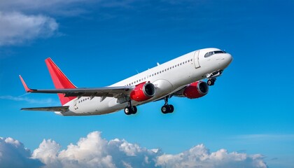 Fototapeta premium white commercial airplane with red accents flying in the sky showcasing landing gear and engines perfect for travel and aviation themes