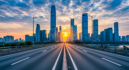 Fototapeta premium sunset over modern city skyline with highway