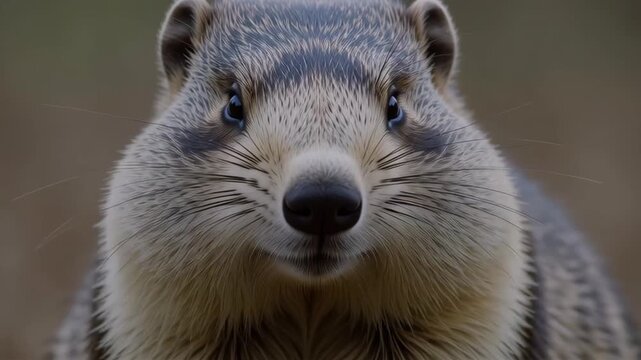 Slow motion tracking shot of badger approaching and sniffing camera in forest clearing at dawn