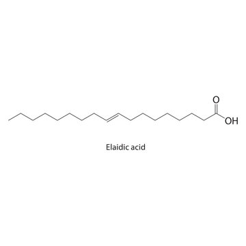 Elaidic acid skeletal structure. fatty acid compound schematic illustration. Simple diagram, chemical formula.