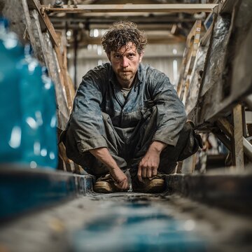 Exhausted manual worker crouching in a dimly lit industrial workshop surrounded by old metal structures and heavy equipment capturing a moment of deep contemplation and fatigue