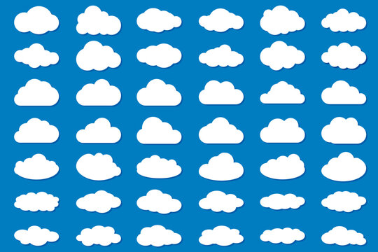 White clouds on a blue background. Big set of vector illustrations,  for weather apps, UI elements and digital design themes. Minimal white cloud silhouettes.