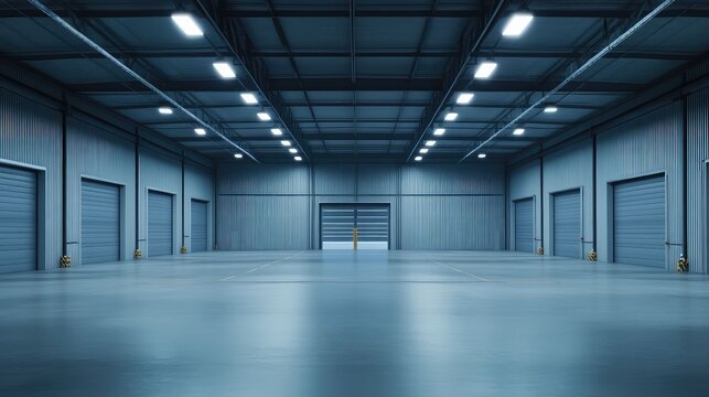 Empty industrial warehouse interior providing ample space for storage, logistics, and distribution with fluorescent lights illuminating the corrugated metal walls and concrete floor