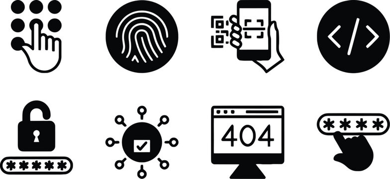 Secret code access thin line icon set. Containing fingerprint, scan barcode or QR scanner, pattern, coding, cyber security pin technology, password, face lock or ID, padlock, error, and hacker vector.