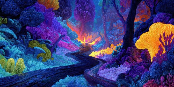 Vibrant Fluorescent Psychedelic Landscape with Winding Path Illustration