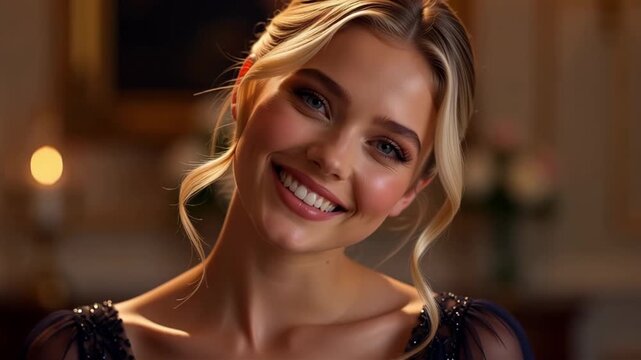 Slow motion close up of woman smiling and tilting head in candlelit formal interior room