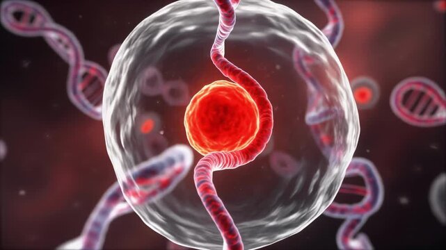 3D illustration of biological cell with transparent membrane and red nucleus at center displaying DNA strands for medical research concept illustrating genetic mutation structure
