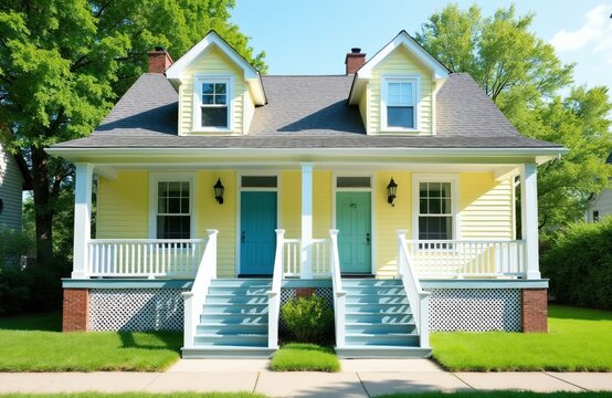 Yellow duplex house with two teal and aqua doors and white porch railings. Offers a welcoming suburban facade with rich green lawn and trees.