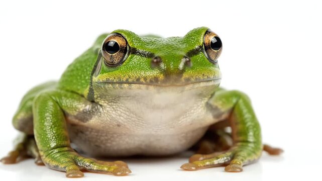 Macro shot of a small green tree frog sitting on an isolated white background looking at the camera
