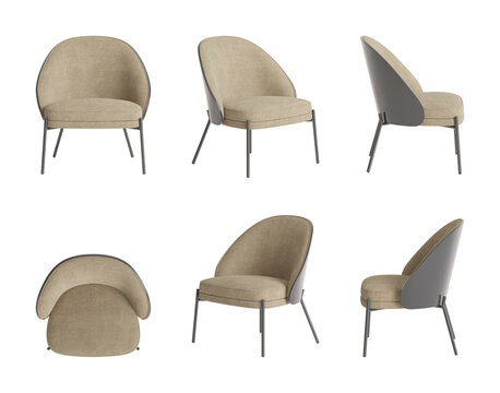 Armchair modern beige upholstered chair isolated on white background 3D render. Multiple views