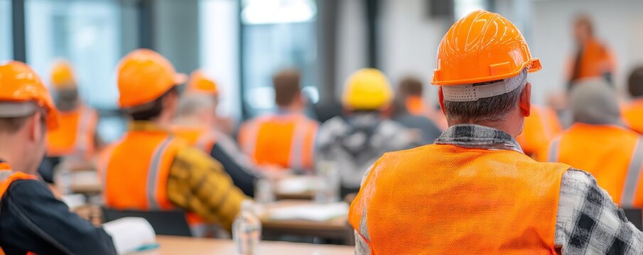 A group of professional construction workers wearing vibrant orange safety vests and hard hats attend an educational seminar in a bright room