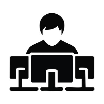 Business professional, office worker, computer user, multi-monitor setup, productivity icon
