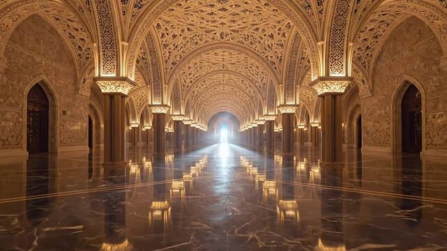 Interior of a grand historic building with arches and columns.