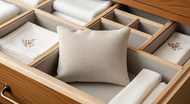 Neatly organized drawer with linen napkins, cushions, and empty spaces mockup, blank spaces for text