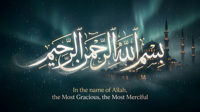 Elegant Islamic calligraphy of "Bismillah" illuminated against a backdrop of glowing mosque minarets and ethereal sky.