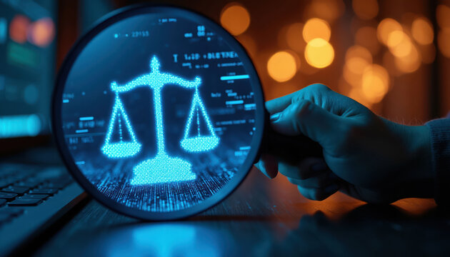Magnifying glass inspects glowing digital scales of justice on computer screen. Legal tech concept of compliance and fair judgment in cyber law.