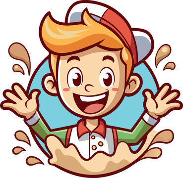 Cartoon boy chef with cap and white uniform smiling happily with hands up amidst splashing milk or cream.