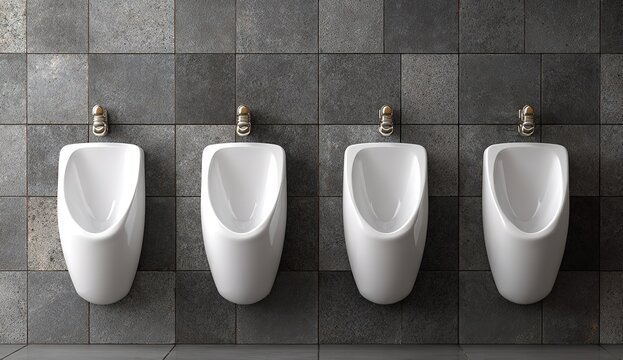 Four pristine white porcelain urinals are mounted in a perfect horizontal row against a wall of dark textured square stone tiles in a modern restroom
