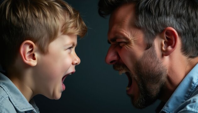 Father and son yell at each other intensely. Angry man and frustrated child face off in disagreement. Intense emotional conflict between parent and kid, showing family stress.