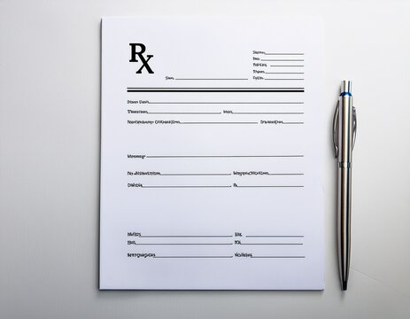 blank prescription pad with lines and rx symbol on top next to silver pen on white background with copy space for text or design